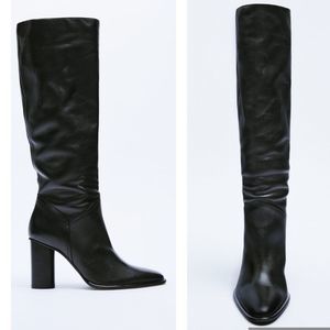 Zara Black Leather Knee-High Block Heel Boots